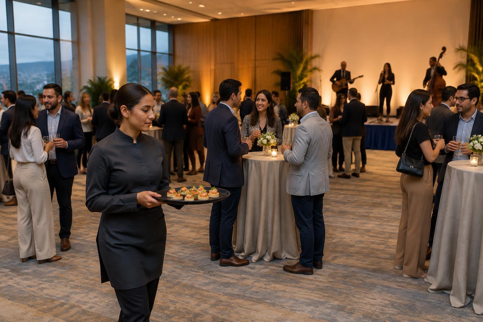 Escena ilustrativa de recepción empresarial con catering y música