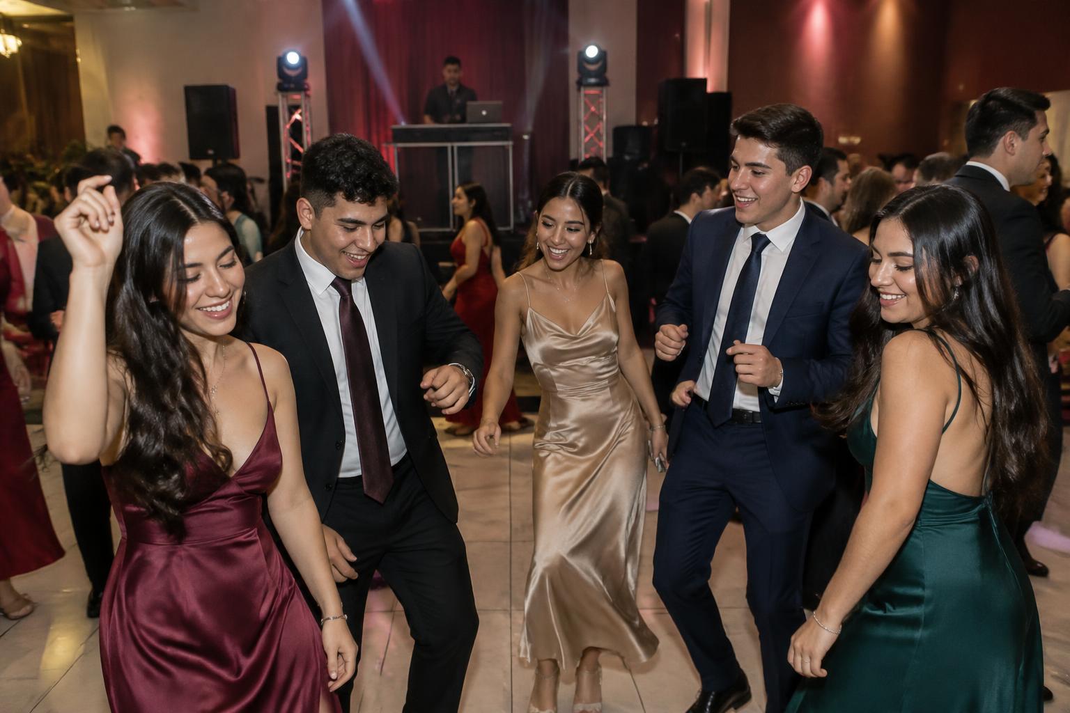 Escena ilustrativa de una fiesta de graduación con DJ y pista de baile